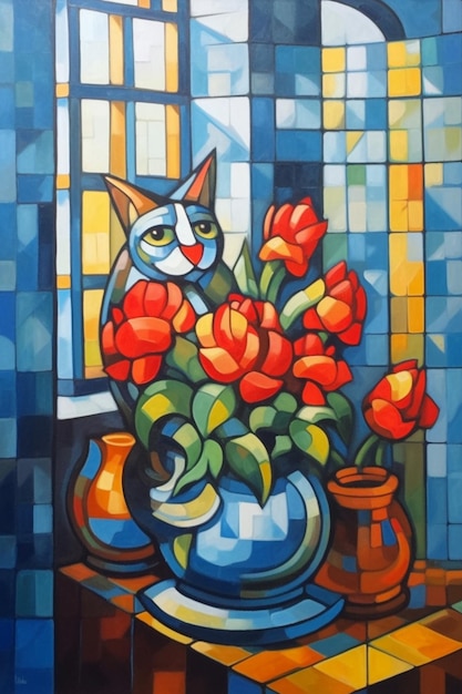 Une peinture d'un chat et d'un vase de fleurs.