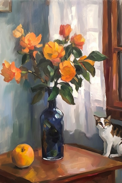 Une peinture d'un chat et d'un vase d'oranges