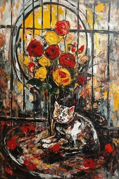 Une peinture d'un chat et d'un vase de roses.