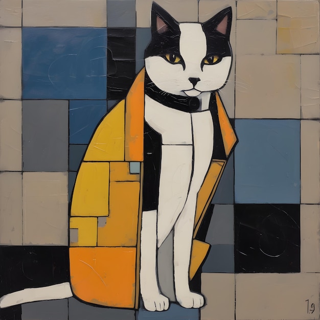 Une peinture d'un chat avec une veste jaune et une écharpe jaune.