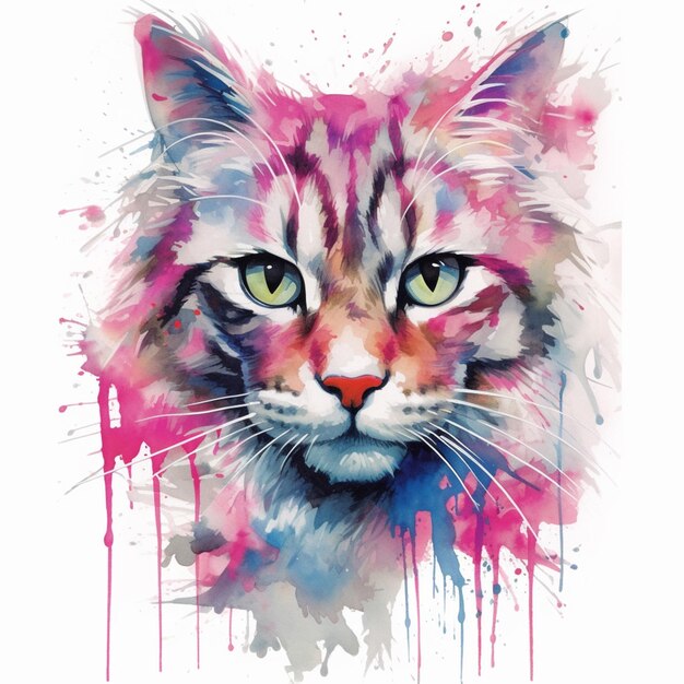 peinture d'un chat avec un visage rose et bleu et des yeux verts