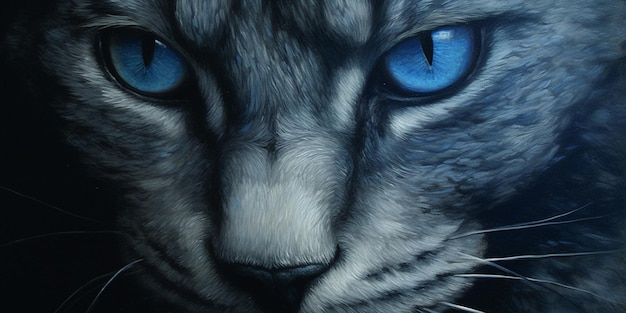 Photo peinture d'un chat avec des yeux bleus et un fond noir