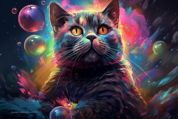 Photo peinture d'un chat avec des yeux brillants et des bulles en arrière-plan ia générative