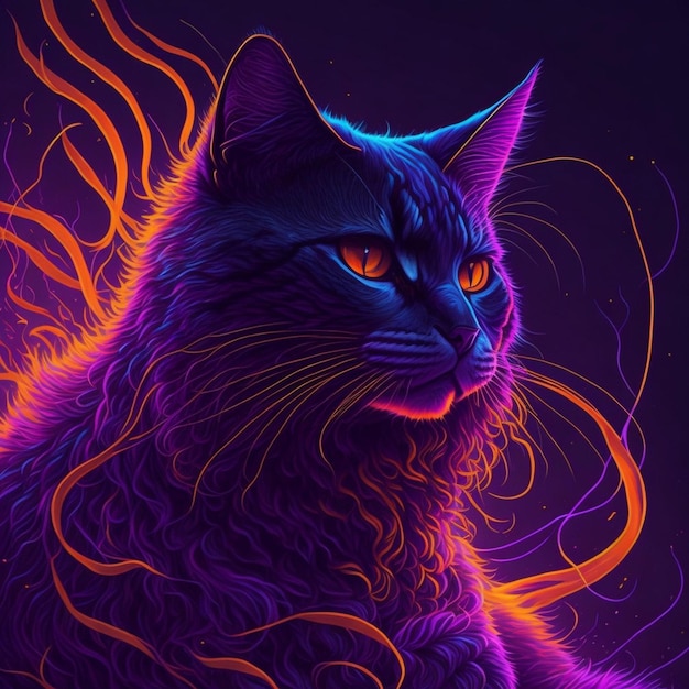 Une peinture d'un chat avec des yeux orange vif et un fond violet.