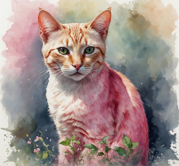 une peinture d'un chat avec des yeux verts et un fond rose