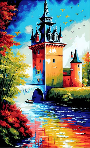 Une peinture d'un château au bord de l'eau