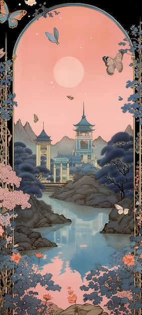 une peinture d'un château au bord de la rivière