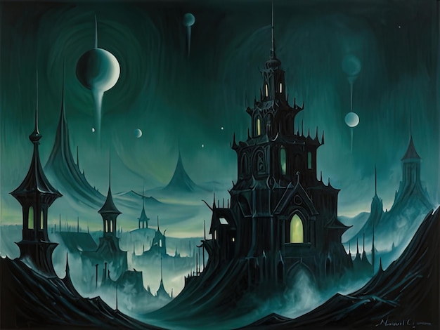 peinture d'un château au milieu d'une nuit sombre avec une lune dans le ciel