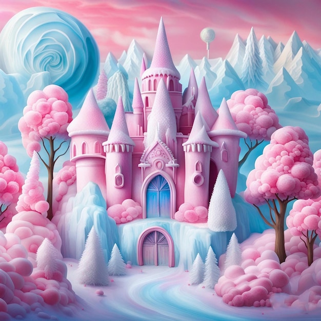 Une peinture d'un château avec un château rose au sommet.