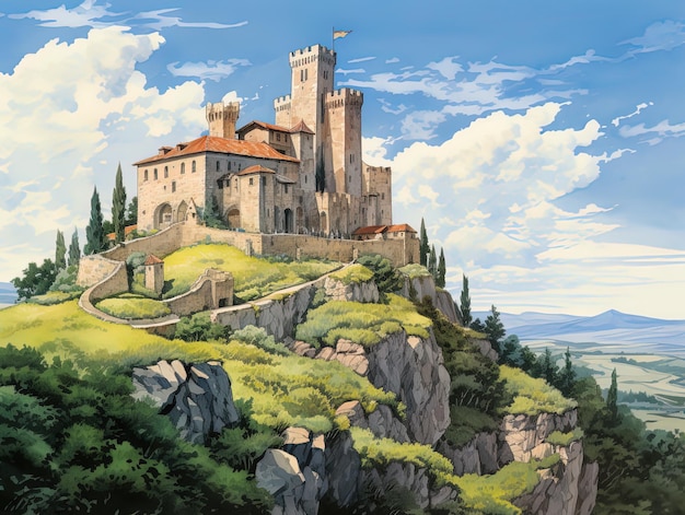 une peinture d'un château sur une colline avec un château au sommet