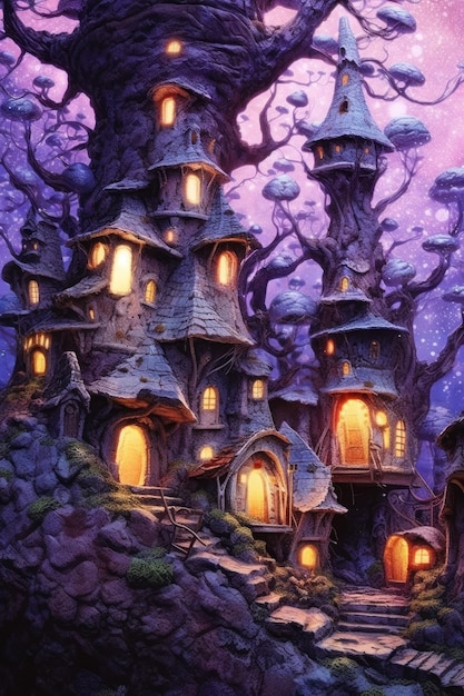 Une peinture d'un château de conte de fées avec un arbre au fond.