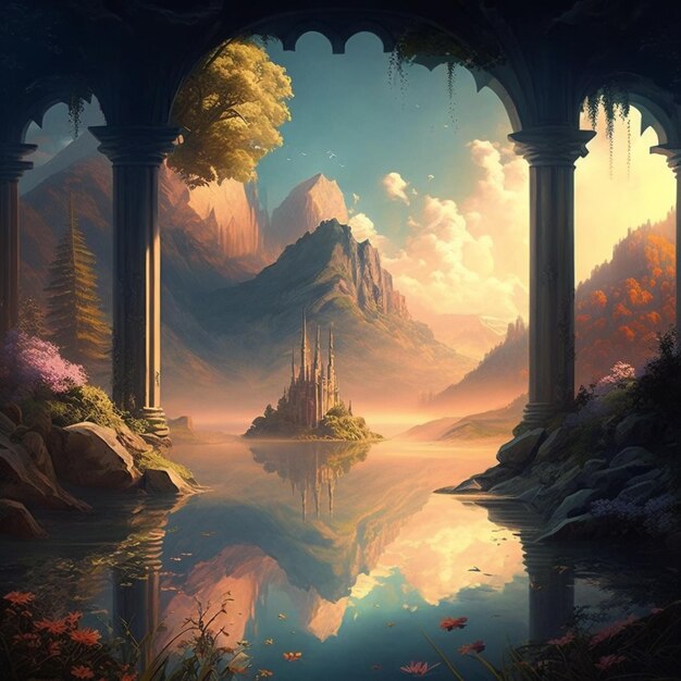 Une peinture d'un château dans un décor de montagne avec un lac ai génératif