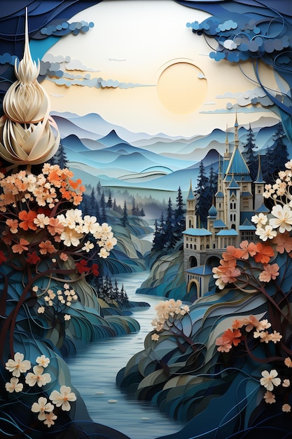 Peinture d'un château dans une forêt avec une rivière et des montagnes ai générative