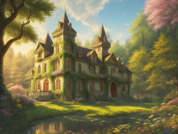 Une peinture d'un château dans la forêt