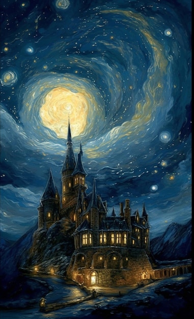 peinture d'un château dans la nuit avec une lune pleine générative ai