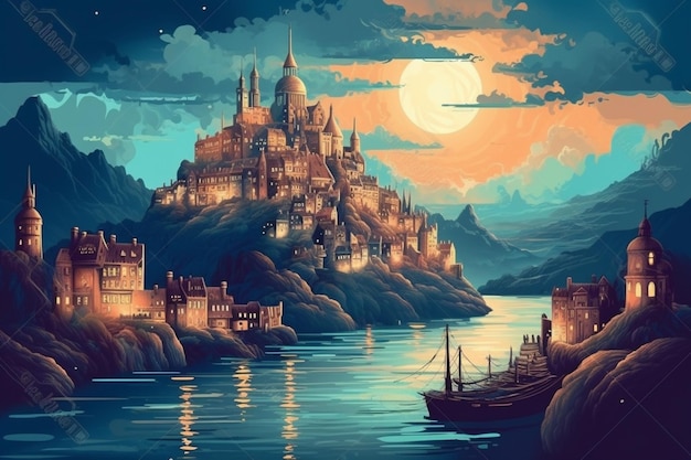 Une peinture d'un château sur une falaise avec la lune en arrière-plan.
