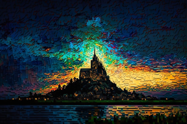 Une peinture d'un château sur un lac avec un coucher de soleil en arrière-plan.