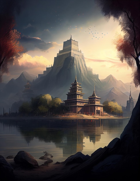 Une peinture d'un château sur un lac avec une montagne en arrière-plan.