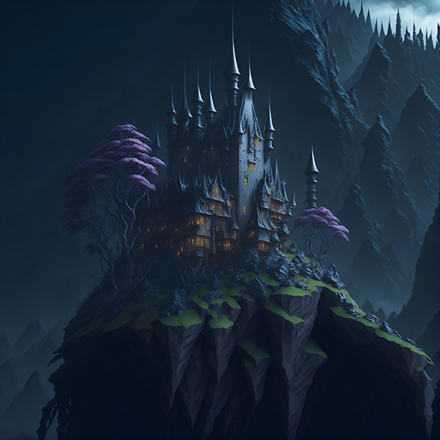 Une peinture d'un château sur une montagne avec des arbres violets au sommet.