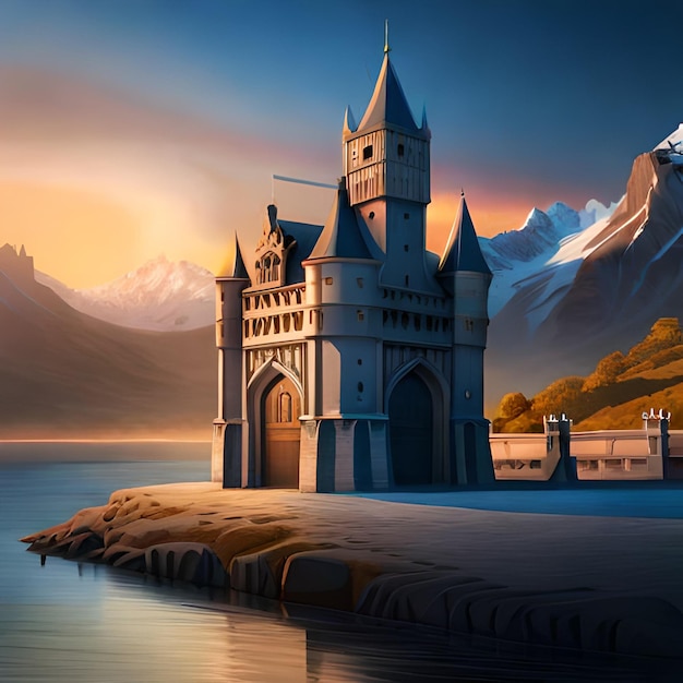 Une peinture d'un château avec des montagnes en arrière-plan.