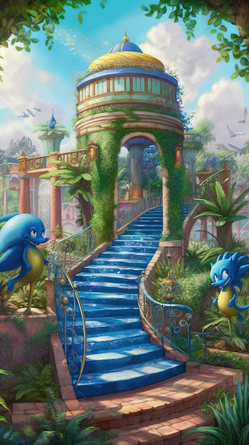 Une peinture d'un château avec un personnage de dessin animé bleu dessus.