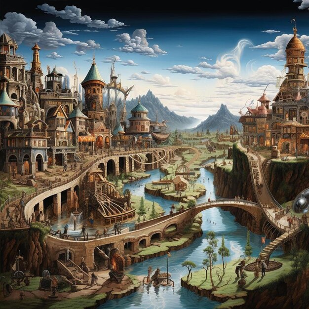 Photo une peinture d'un château avec un pont au milieu