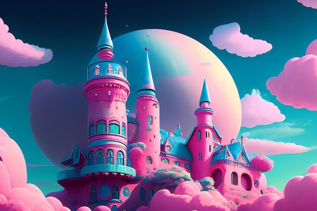 une peinture d'un château rose entouré de nuages