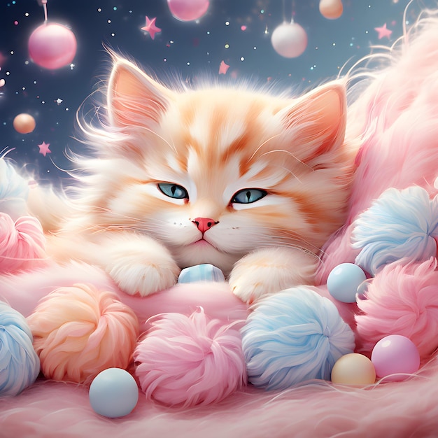 une peinture d'un chaton couché dans un ciel rose et bleu