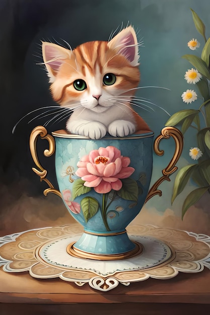 Une peinture d'un chaton dans une tasse de thé