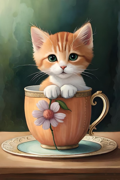 Une peinture d'un chaton dans une tasse de thé