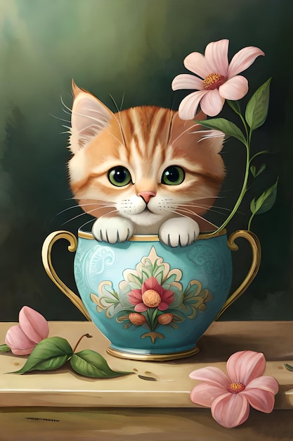 Une peinture d'un chaton dans une tasse