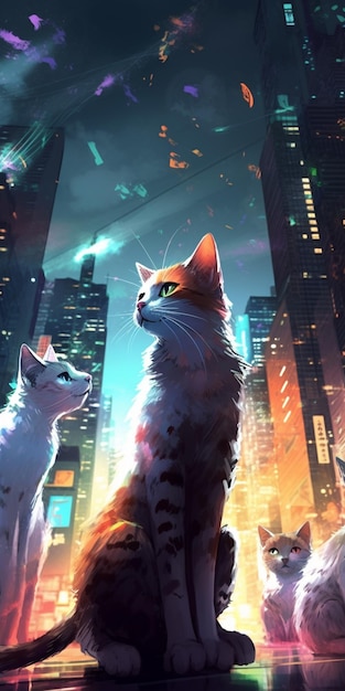 Photo une peinture de chats dans une ville avec un paysage urbain en arrière-plan.