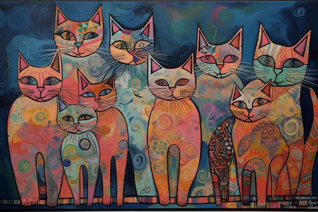 Une peinture de chats avec différentes couleurs et le mot chat dessus.