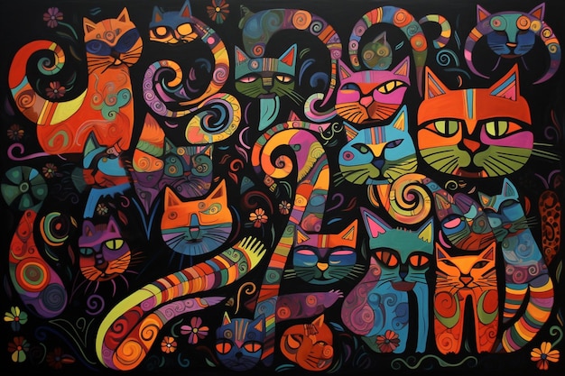 Une peinture de chats avec différentes couleurs et les mots "chat" sur le fond.