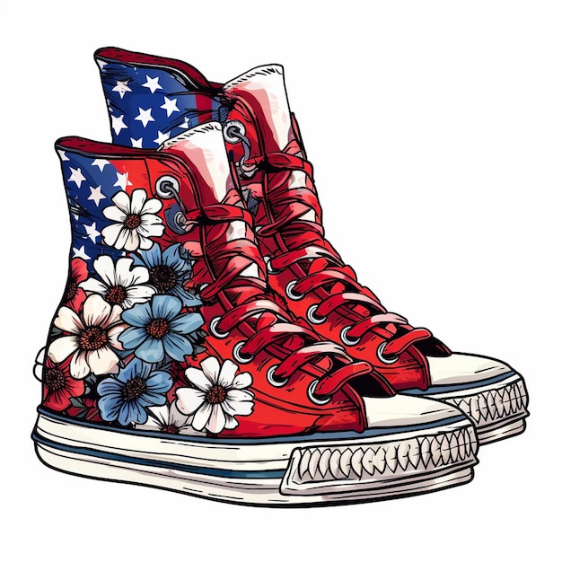 une peinture d'une chaussure converse rouge avec un drapeau américain en bas.