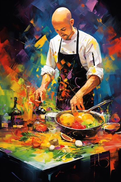 une peinture d'un chef cuisinant des plats