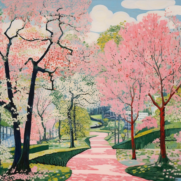 peinture d'un chemin avec des arbres et des fleurs dans un parc génératif ai