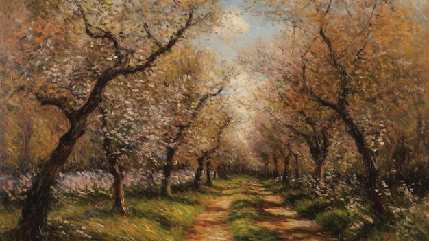 Une peinture d'un chemin avec des arbres et des fleurs.