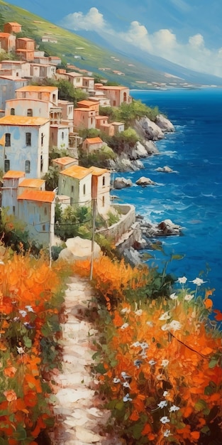 Peinture d'un chemin au bord de la mer avec des fleurs oranges