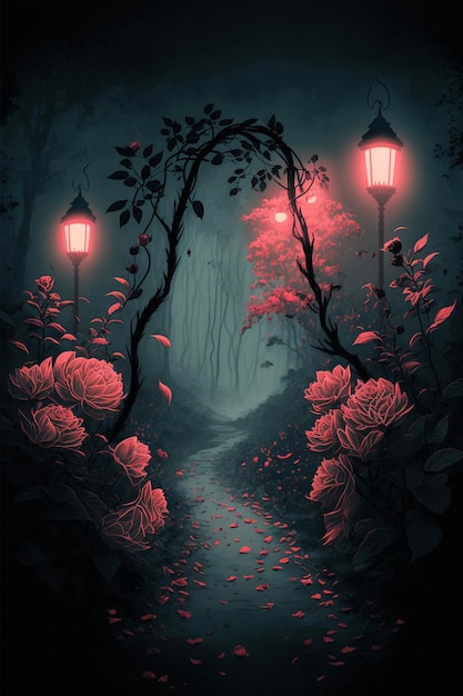 Peinture d'un chemin au milieu d'une forêt ai générative