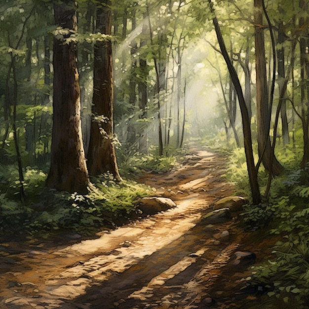 Une peinture d'un chemin dans les bois avec le soleil qui brille à travers les arbres.