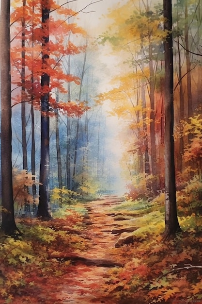 Une peinture d'un chemin dans les bois