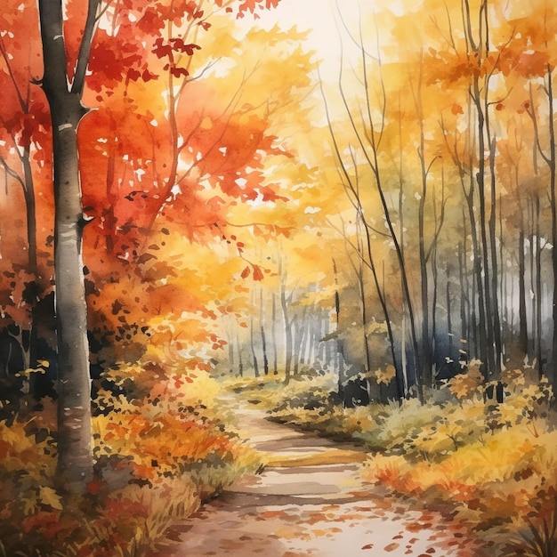 peinture d'un chemin dans une forêt avec des arbres et des feuilles générative ai