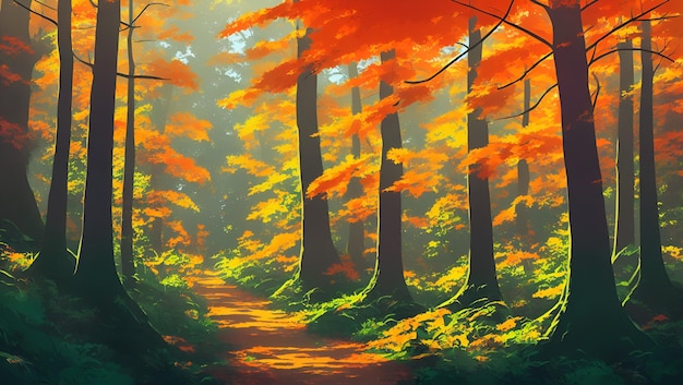 Une peinture d'un chemin dans une forêt avec des feuilles d'oranger