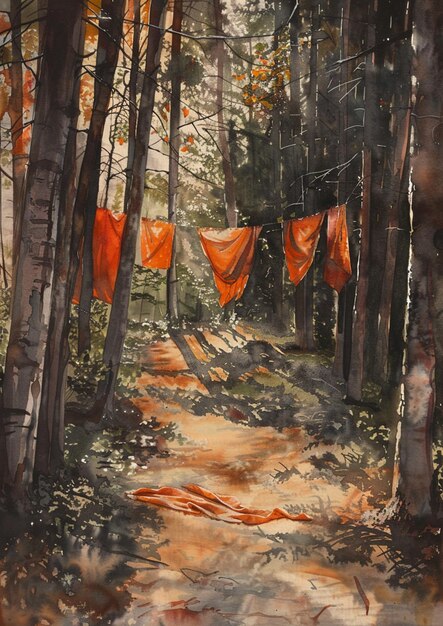 Photo peinture d'un chemin dans une forêt avec un tissu orange suspendu à des arbres