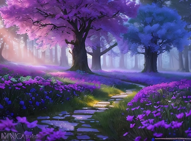 Une peinture d'un chemin dans une forêt violette avec des fleurs violettes.