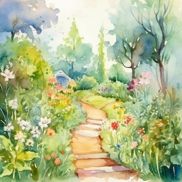 Peinture d'un chemin dans un jardin avec des fleurs et des arbres génératifs ai