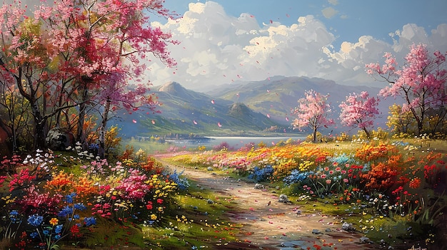 Photo une peinture d'un chemin entouré de fleurs et de montagnes