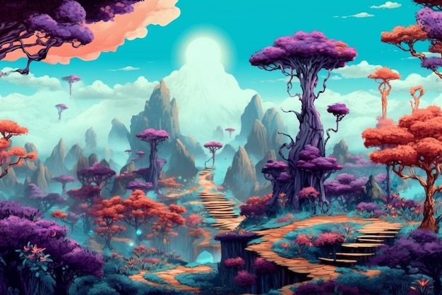 Une peinture d'un chemin menant à une forêt avec des arbres violets et des montagnes.