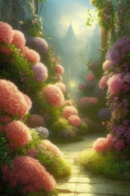 Une peinture d'un chemin menant à une montagne avec des fleurs.